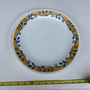 Corelle casa Flora Elegant Yellow and Blue Leaf Pattern Plate x4 vintage